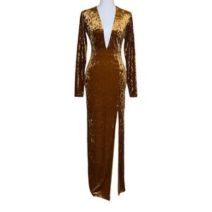 Forever 21 Gold Velvet Long Sleeve V-Neck Maxi Formal Prom Dress Women’s S